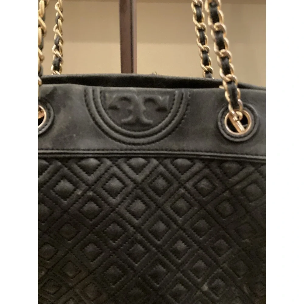 TORY BURCH QUILTED‎ FLEMING BLACK CHAIN TOTE BAG PURSE